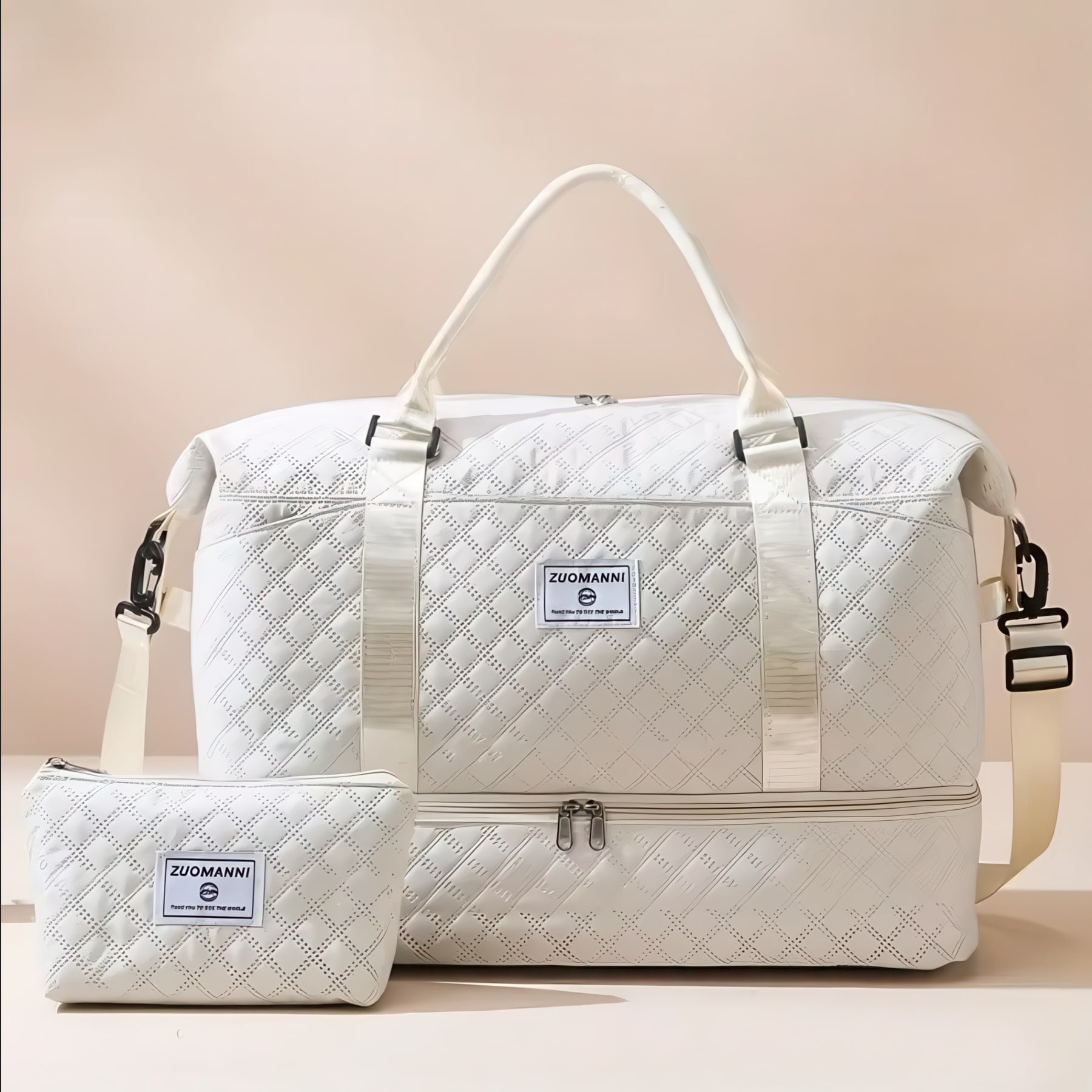 2Pcs Set Large Capacity Travel Duffel Bag with Shoe Compartment and Cosmetic Pouch, Casual Nylon Gym Bag, Weekend Overnight Bag